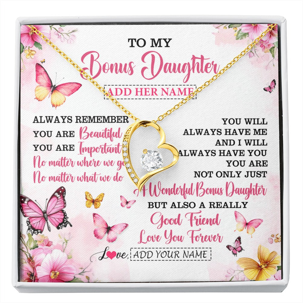 Forever Love Necklace 18K Yellow Gold Finish | 1 | Personalized To My Bonus Daughter Gifts Necklace From Stepmom Stepdad You Are Beautiful Birthday Gifts For Stepdaughter Christmas Custom Gift Box Message Card | https://siriusteestore.