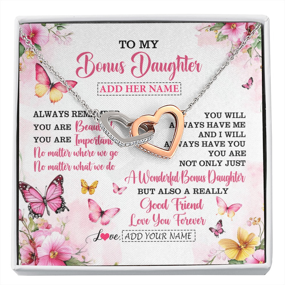 Interlocking Hearts Necklace Stainless Steel & Rose Gold Finish | 1 | Personalized To My Bonus Daughter Gifts Necklace From Stepmom Stepdad You Are Beautiful Birthday Gifts For Stepdaughter Christmas Custom Gift Box Message Card | https://siriusteestore.