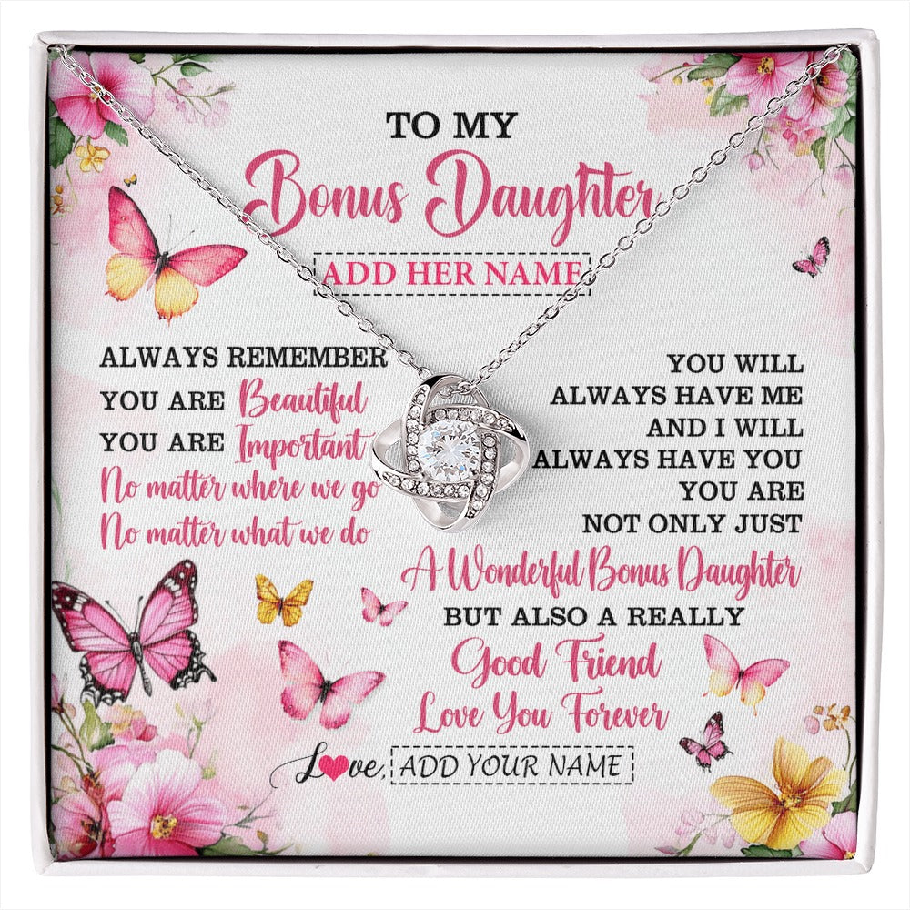 Love Knot Necklace 14K White Gold Finish | 1 | Personalized To My Bonus Daughter Gifts Necklace From Stepmom Stepdad You Are Beautiful Birthday Gifts For Stepdaughter Christmas Custom Gift Box Message Card | https://siriusteestore.