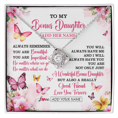 Love Knot Necklace 14K White Gold Finish | 1 | Personalized To My Bonus Daughter Gifts Necklace From Stepmom Stepdad You Are Beautiful Birthday Gifts For Stepdaughter Christmas Custom Gift Box Message Card | https://siriusteestore.