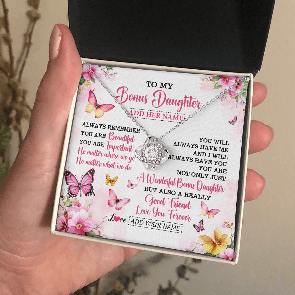 Love Knot Necklace 14K White Gold Finish | 2 | Personalized To My Bonus Daughter Gifts Necklace From Stepmom Stepdad You Are Beautiful Birthday Gifts For Stepdaughter Christmas Custom Gift Box Message Card | https://siriusteestore.