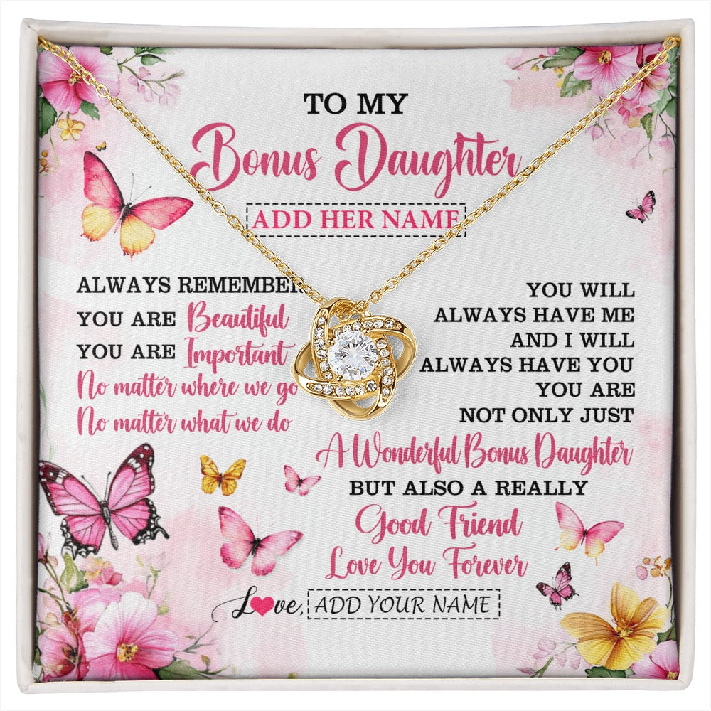 Love Knot Necklace 18K Yellow Gold Finish | 1 | Personalized To My Bonus Daughter Gifts Necklace From Stepmom Stepdad You Are Beautiful Birthday Gifts For Stepdaughter Christmas Custom Gift Box Message Card | https://siriusteestore.