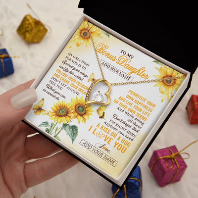 Forever Love Necklace 18K Yellow Gold Finish | 2 | Personalized To My Bonus Daughter Gifts Necklace From Stepmom Sunflower My Only Wish For You Stepdaughter Birthday Gifts Christmas Custom Gift Box Message Card | https://siriusteestore.