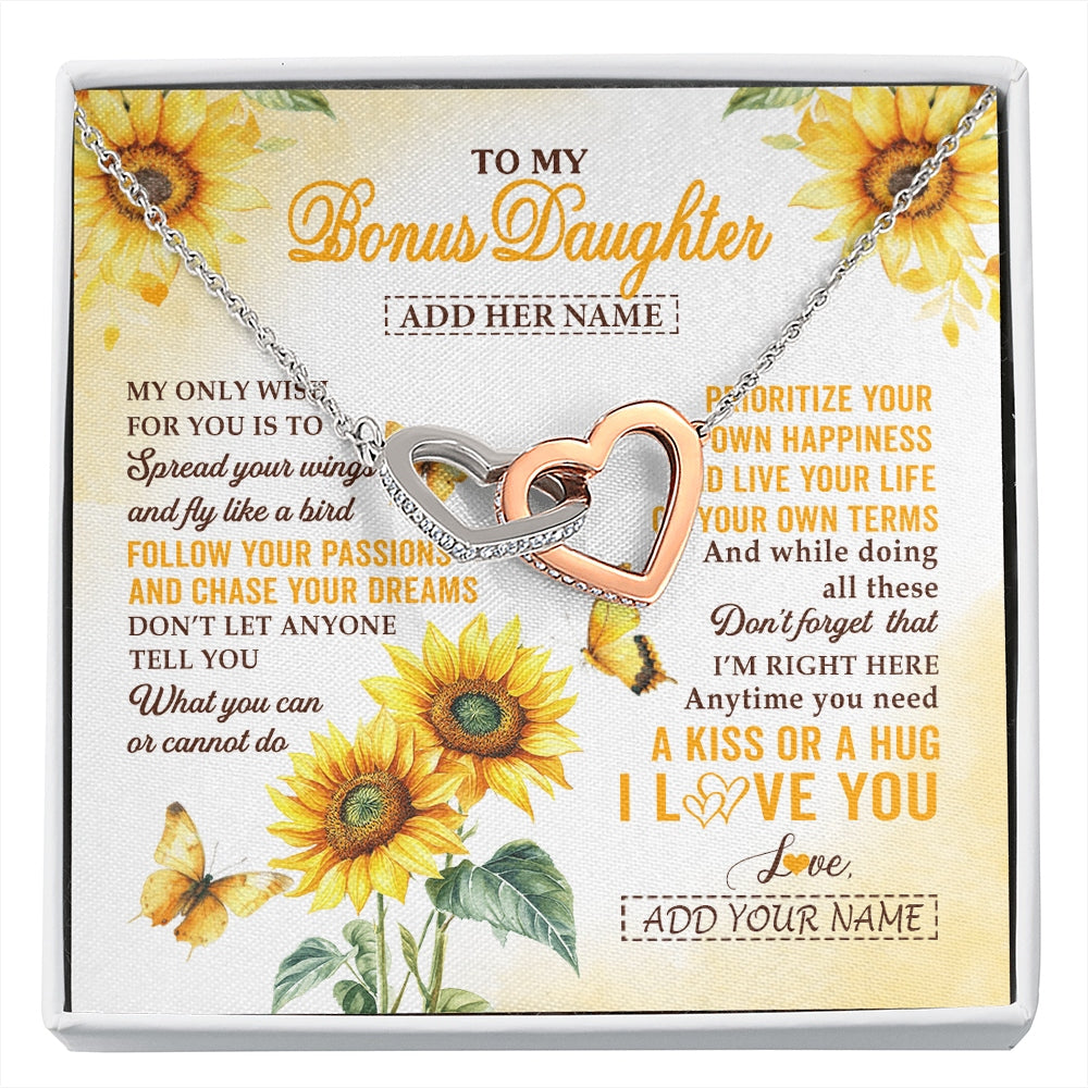 Interlocking Hearts Necklace Stainless Steel & Rose Gold Finish | 1 | Personalized To My Bonus Daughter Gifts Necklace From Stepmom Sunflower My Only Wish For You Stepdaughter Birthday Gifts Christmas Custom Gift Box Message Card | https://siriusteestore.