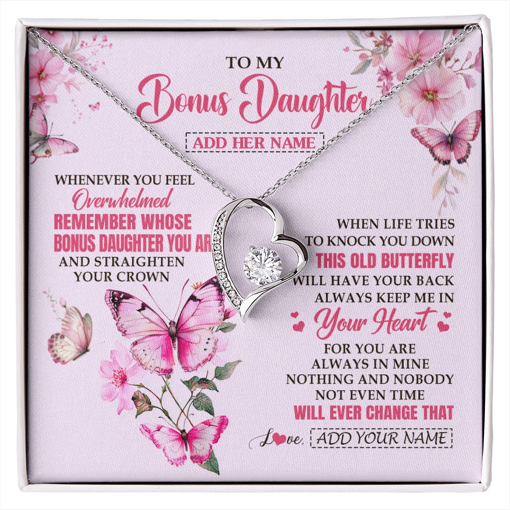 Forever Love Necklace 14K White Gold Finish | 1 | Personalized To My Bonus Daughter Gifts Necklace From Stepmom Whenever Butterfly Unique Birthday Gifts Stepdaughter Graduation Christmas Gift Box Message Card | siriusteestore.myshopify