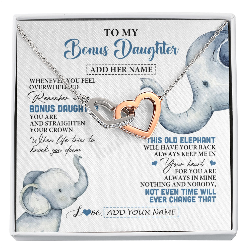 Interlocking Hearts Necklace Stainless Steel & Rose Gold Finish | 1 | Personalized To My Bonus Daughter Gifts Necklace From Stepmom Whenever Elephant Unique Birthday Gifts For Stepdaughter Christmas Custom Gift Box Message Card | siriusteestore.myshopify