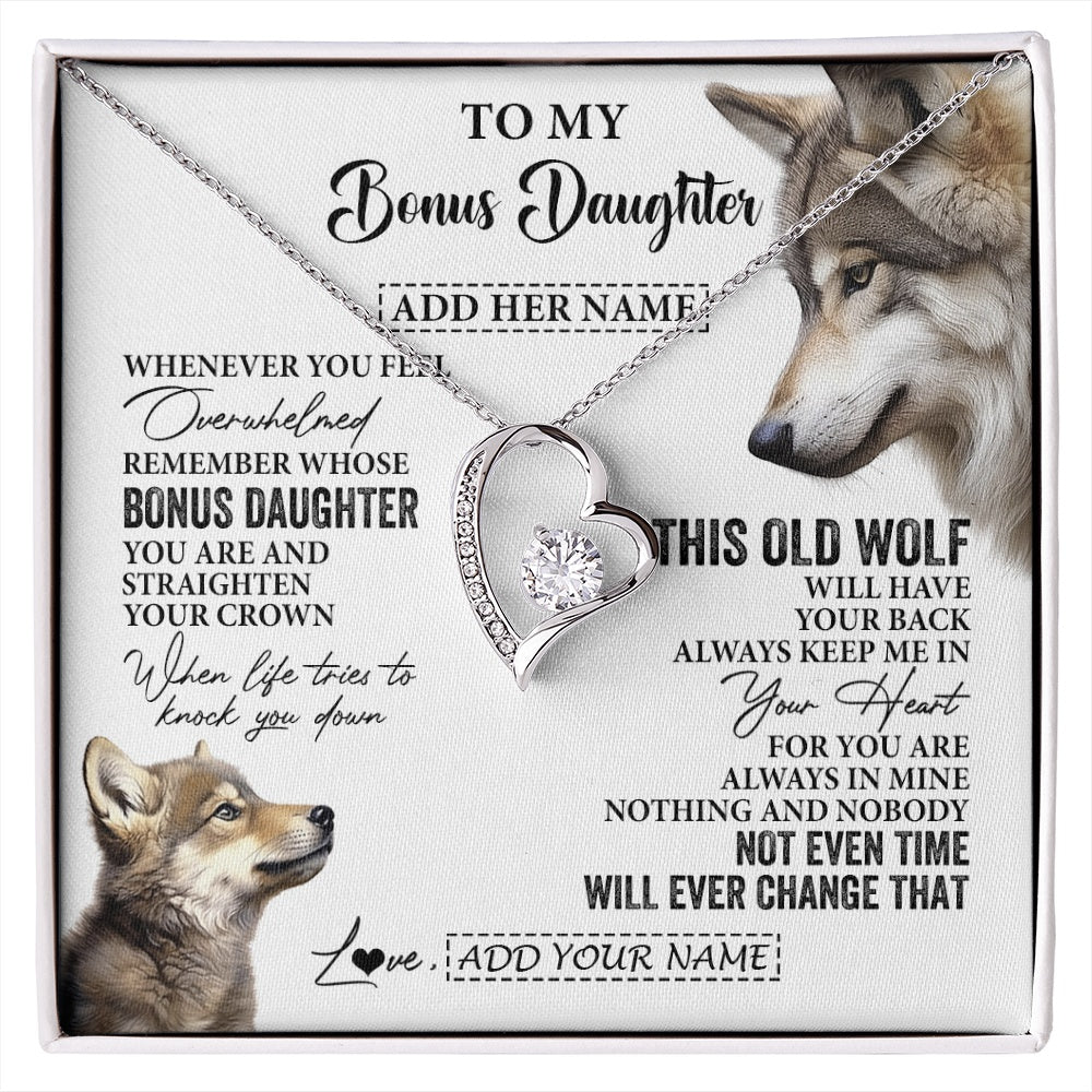 Forever Love Necklace 14K White Gold Finish | 1 | Personalized To My Bonus Daughter Gifts Necklace From Stepmom Whenever Wolf Unique Birthday For Stepdaughter Graduation Christmas Custom Gift Box Message Card | https://siriusteestore.