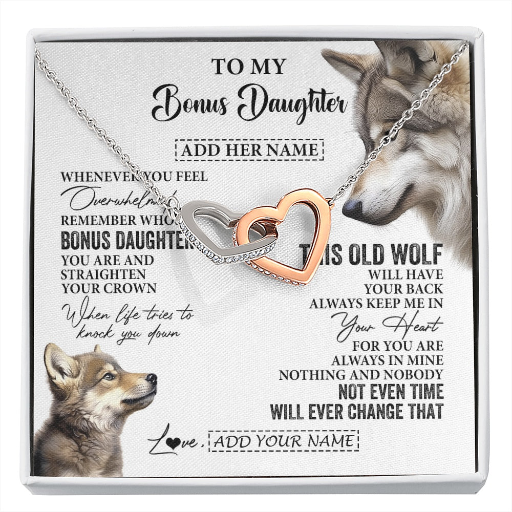 Interlocking Hearts Necklace Stainless Steel & Rose Gold Finish | 1 | Personalized To My Bonus Daughter Gifts Necklace From Stepmom Whenever Wolf Unique Birthday For Stepdaughter Graduation Christmas Custom Gift Box Message Card | https://siriusteestore.