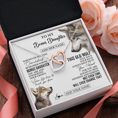 Interlocking Hearts Necklace Stainless Steel & Rose Gold Finish | 2 | Personalized To My Bonus Daughter Gifts Necklace From Stepmom Whenever Wolf Unique Birthday For Stepdaughter Graduation Christmas Custom Gift Box Message Card | https://siriusteestore.