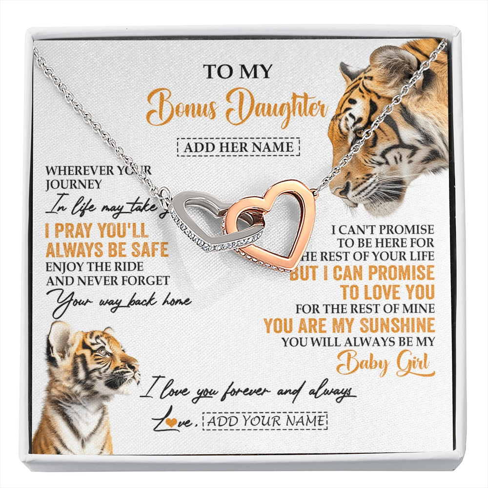 Interlocking Hearts Necklace Stainless Steel & Rose Gold Finish | 1 | Personalized To My Bonus Daughter Gifts Necklace From Stepmom Wherever Your Journey In Life Tiger Stepdaughter Birthday Gifts Custom Gift Box Message Card | https://siriusteestore.