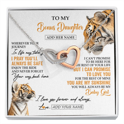 Interlocking Hearts Necklace Stainless Steel & Rose Gold Finish | 1 | Personalized To My Bonus Daughter Gifts Necklace From Stepmom Wherever Your Journey In Life Tiger Stepdaughter Birthday Gifts Custom Gift Box Message Card | https://siriusteestore.