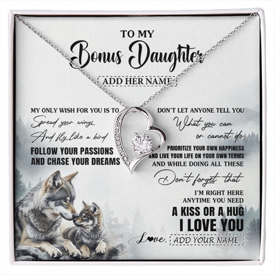 Forever Love Necklace 14K White Gold Finish | 1 | Personalized To My Bonus Daughter Gifts Necklace From Stepmom Wolf My Only Wish For You Stepdaughter Birthday Gifts Graduation Christmas Gift Box Message Card | https://siriusteestore.