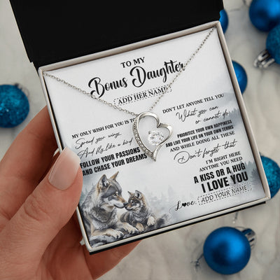 Forever Love Necklace 14K White Gold Finish | 2 | Personalized To My Bonus Daughter Gifts Necklace From Stepmom Wolf My Only Wish For You Stepdaughter Birthday Gifts Graduation Christmas Gift Box Message Card | https://siriusteestore.