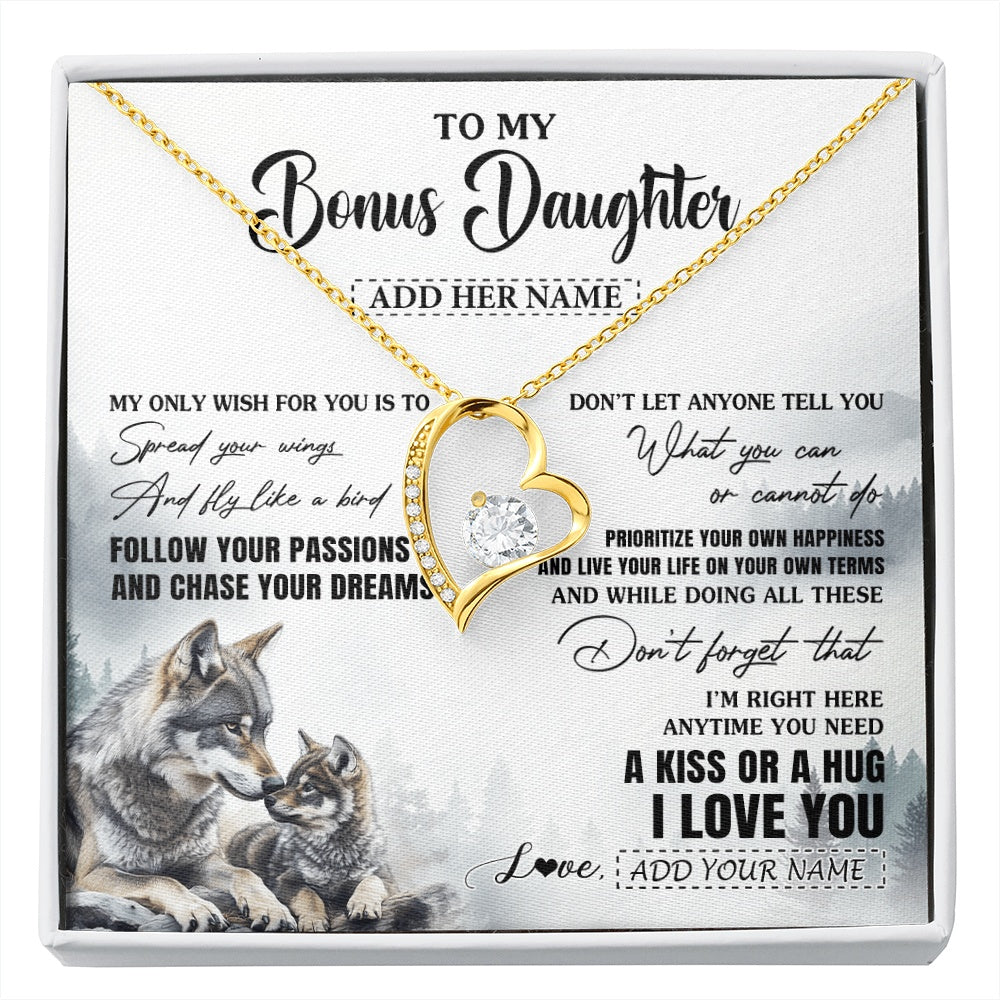 Forever Love Necklace 18K Yellow Gold Finish | 1 | Personalized To My Bonus Daughter Gifts Necklace From Stepmom Wolf My Only Wish For You Stepdaughter Birthday Gifts Graduation Christmas Gift Box Message Card | https://siriusteestore.