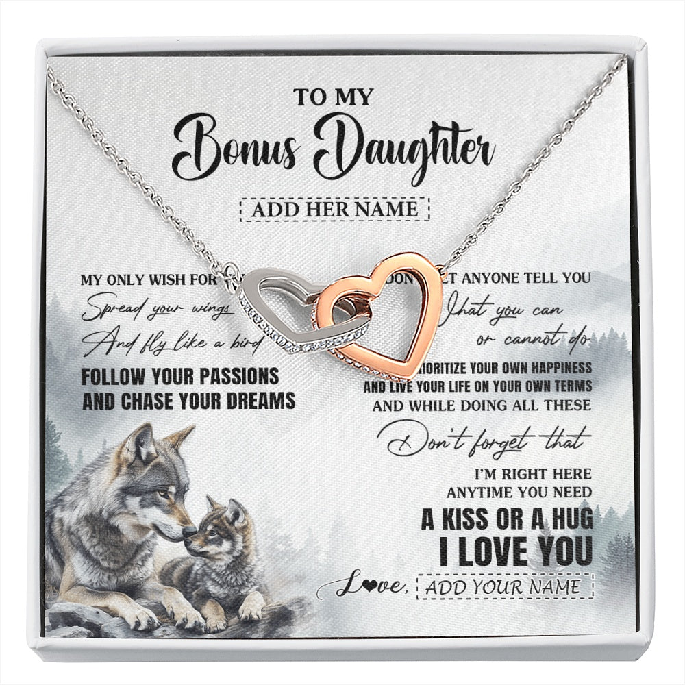 Interlocking Hearts Necklace Stainless Steel & Rose Gold Finish | 1 | Personalized To My Bonus Daughter Gifts Necklace From Stepmom Wolf My Only Wish For You Stepdaughter Birthday Gifts Graduation Christmas Gift Box Message Card | https://siriusteestore.