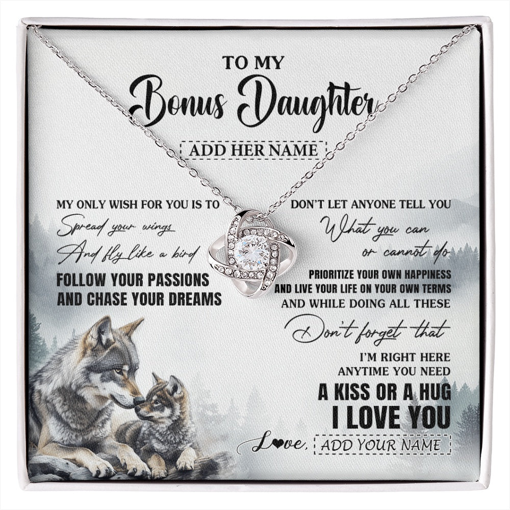 Love Knot Necklace 14K White Gold Finish | 1 | Personalized To My Bonus Daughter Gifts Necklace From Stepmom Wolf My Only Wish For You Stepdaughter Birthday Gifts Graduation Christmas Gift Box Message Card | https://siriusteestore.