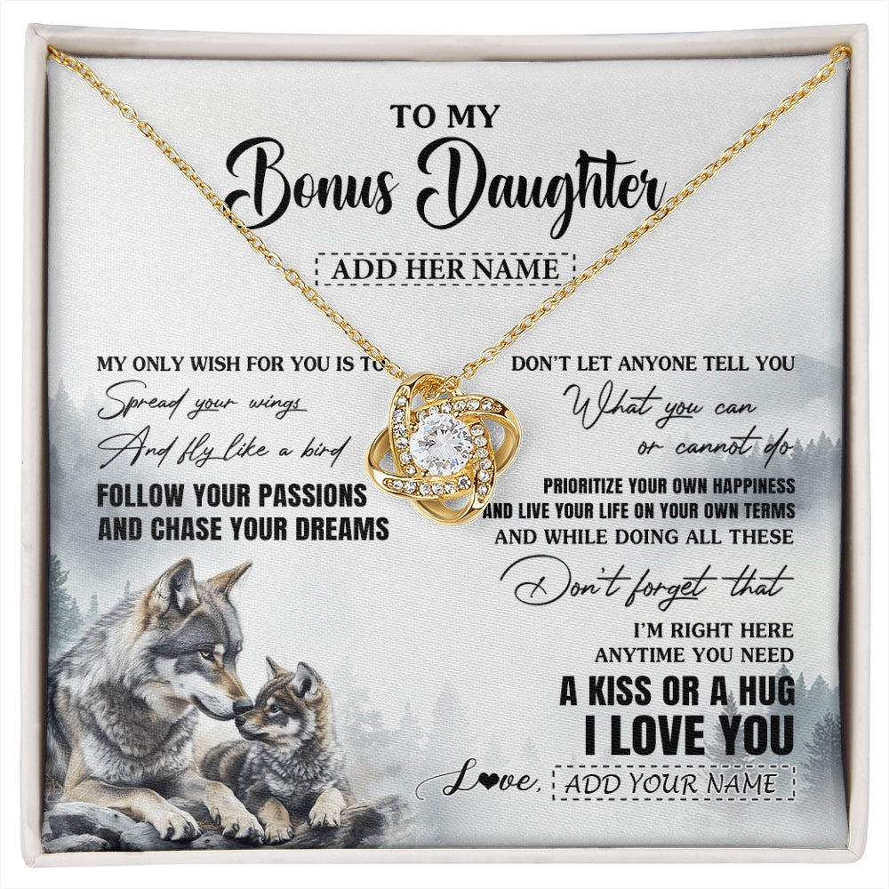 Love Knot Necklace 18K Yellow Gold Finish | 1 | Personalized To My Bonus Daughter Gifts Necklace From Stepmom Wolf My Only Wish For You Stepdaughter Birthday Gifts Graduation Christmas Gift Box Message Card | https://siriusteestore.