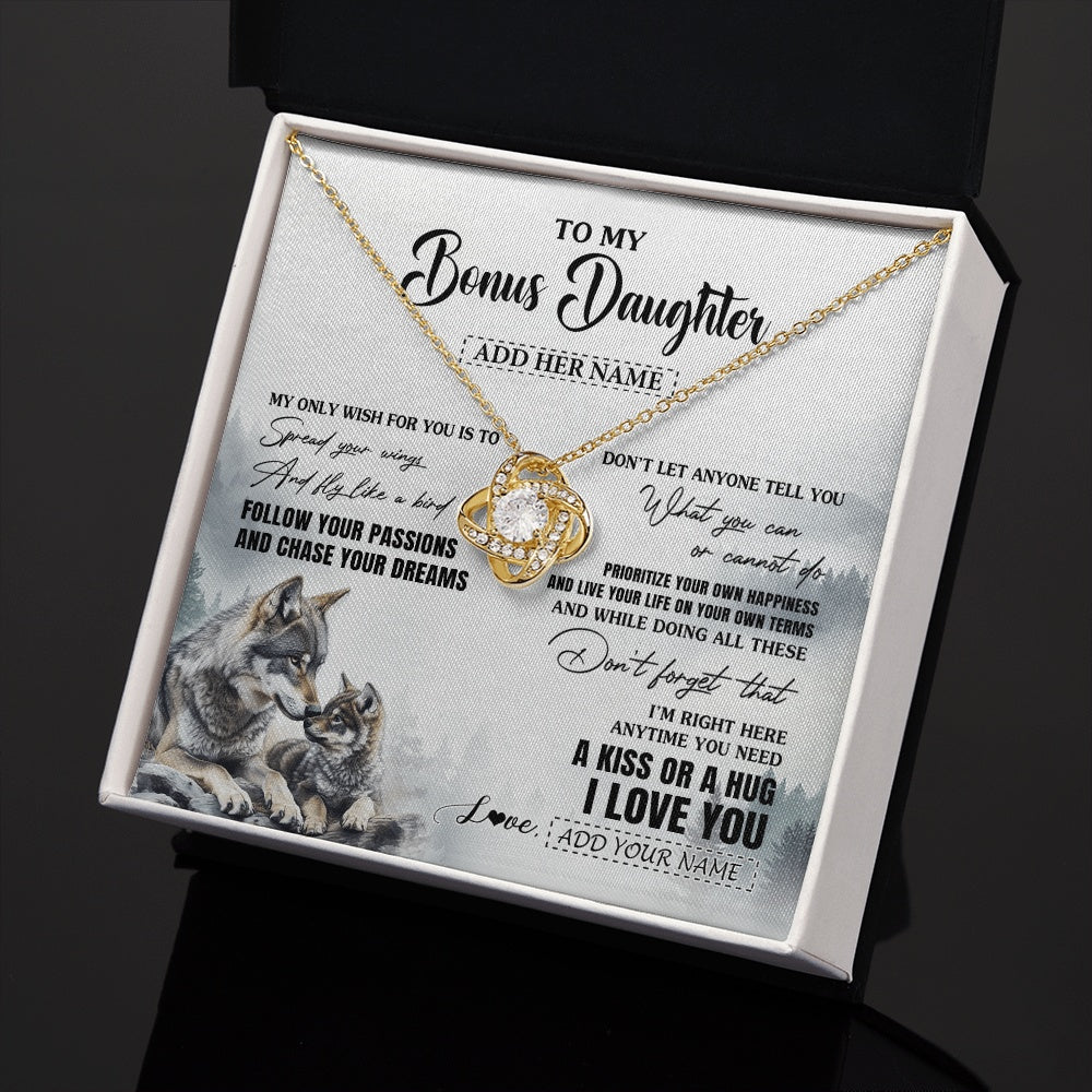 Love Knot Necklace 18K Yellow Gold Finish | 2 | Personalized To My Bonus Daughter Gifts Necklace From Stepmom Wolf My Only Wish For You Stepdaughter Birthday Gifts Graduation Christmas Gift Box Message Card | https://siriusteestore.