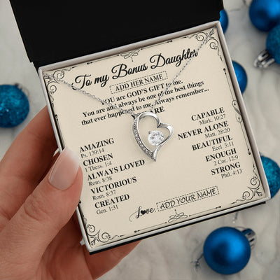 Forever Love Necklace 14K White Gold Finish | 2 | Personalized To My Bonus Daughter Gifts Necklace From Stepmom You Are God's Gift To Me Stepdaughter Birthday Gifts Christmas Christian Gift Box Message Card | https://siriusteestore.