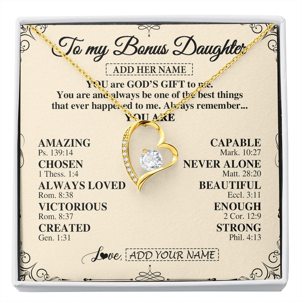 Forever Love Necklace 18K Yellow Gold Finish | 1 | Personalized To My Bonus Daughter Gifts Necklace From Stepmom You Are God's Gift To Me Stepdaughter Birthday Gifts Christmas Christian Gift Box Message Card | https://siriusteestore.