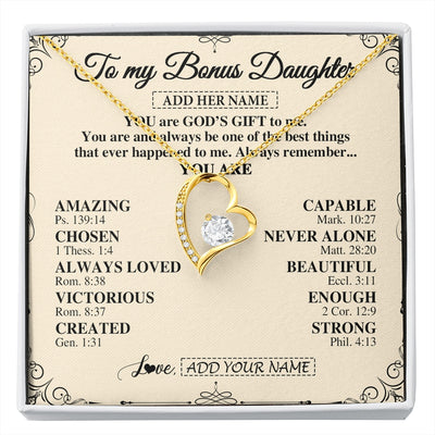 Forever Love Necklace 18K Yellow Gold Finish | 1 | Personalized To My Bonus Daughter Gifts Necklace From Stepmom You Are God's Gift To Me Stepdaughter Birthday Gifts Christmas Christian Gift Box Message Card | https://siriusteestore.