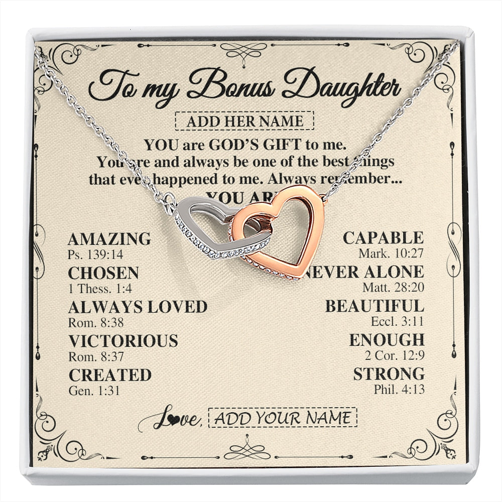 Interlocking Hearts Necklace Stainless Steel & Rose Gold Finish | 1 | Personalized To My Bonus Daughter Gifts Necklace From Stepmom You Are God's Gift To Me Stepdaughter Birthday Gifts Christmas Christian Gift Box Message Card | https://siriusteestore.
