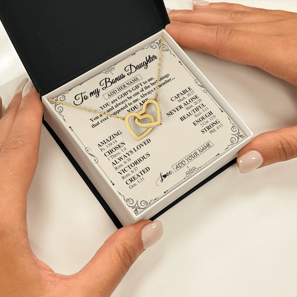 Interlocking Hearts Necklace 18K Yellow Gold Finish | 2 | Personalized To My Bonus Daughter Gifts Necklace From Stepmom You Are God's Gift To Me Stepdaughter Birthday Gifts Christmas Christian Gift Box Message Card | https://siriusteestore.
