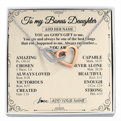 Interlocking Hearts Necklace Stainless Steel & Rose Gold Finish | 1 | Personalized To My Bonus Daughter Gifts Necklace From Stepmom You Are God's Gift To Me Stepdaughter Birthday Gifts Christmas Christian Gift Box Message Card | https://siriusteestore.