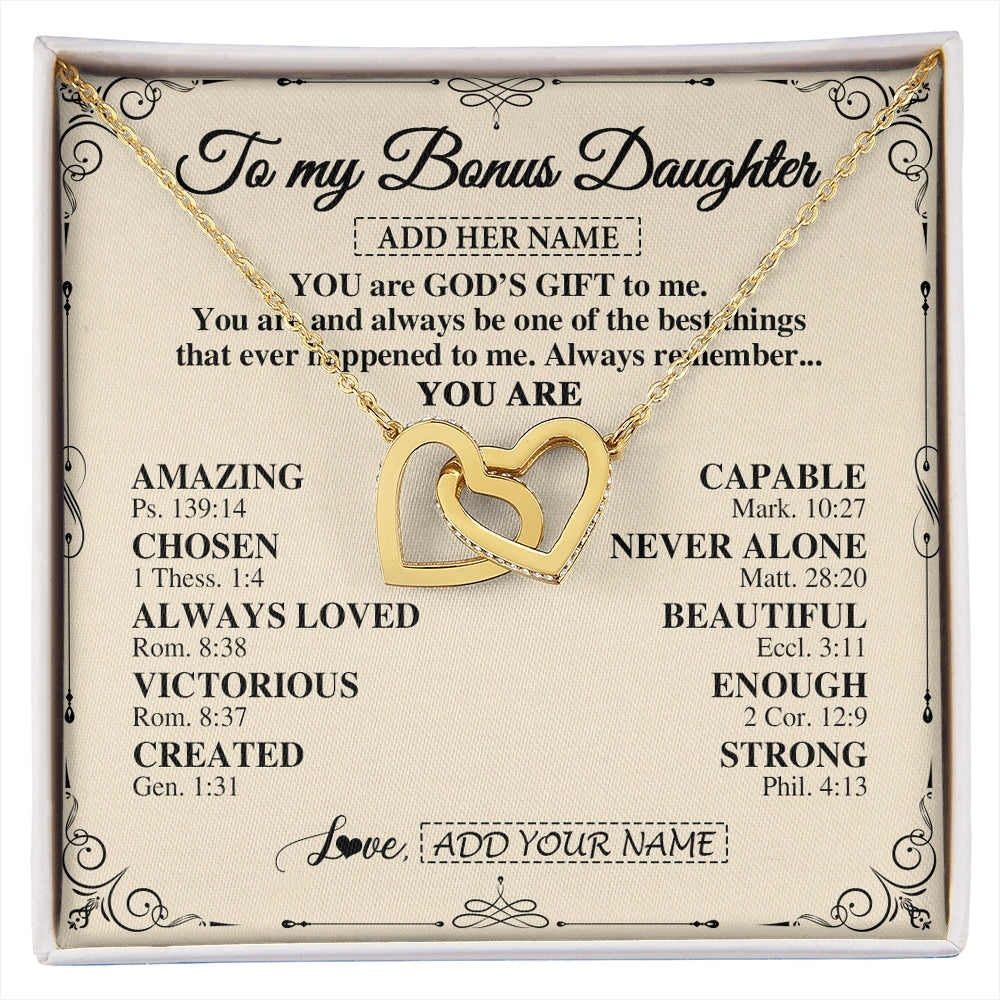 Interlocking Hearts Necklace 18K Yellow Gold Finish | 1 | Personalized To My Bonus Daughter Gifts Necklace From Stepmom You Are God's Gift To Me Stepdaughter Birthday Gifts Christmas Christian Gift Box Message Card | https://siriusteestore.