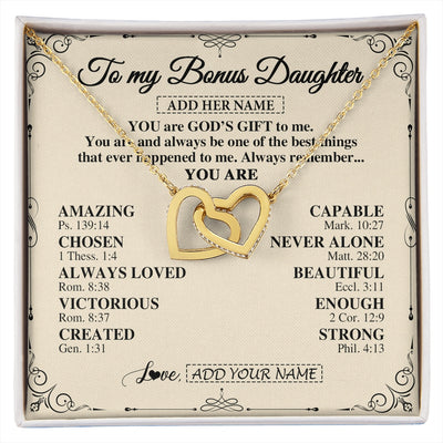 Interlocking Hearts Necklace 18K Yellow Gold Finish | 1 | Personalized To My Bonus Daughter Gifts Necklace From Stepmom You Are God's Gift To Me Stepdaughter Birthday Gifts Christmas Christian Gift Box Message Card | https://siriusteestore.