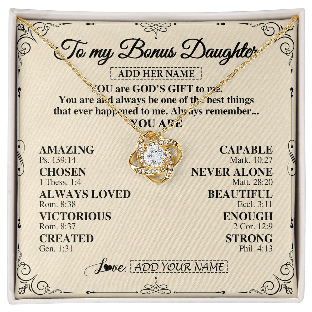 Love Knot Necklace 18K Yellow Gold Finish | 1 | Personalized To My Bonus Daughter Gifts Necklace From Stepmom You Are God's Gift To Me Stepdaughter Birthday Gifts Christmas Christian Gift Box Message Card | https://siriusteestore.