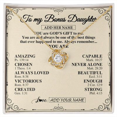 Love Knot Necklace 18K Yellow Gold Finish | 1 | Personalized To My Bonus Daughter Gifts Necklace From Stepmom You Are God's Gift To Me Stepdaughter Birthday Gifts Christmas Christian Gift Box Message Card | https://siriusteestore.