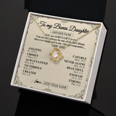 Love Knot Necklace 18K Yellow Gold Finish | 2 | Personalized To My Bonus Daughter Gifts Necklace From Stepmom You Are God's Gift To Me Stepdaughter Birthday Gifts Christmas Christian Gift Box Message Card | https://siriusteestore.