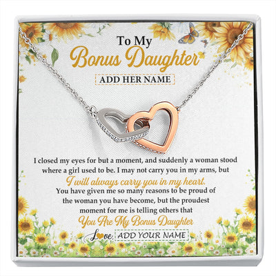 Interlocking Hearts Necklace Stainless Steel & Rose Gold Finish | 1 | Personalized To My Bonus Daughter Gifts Necklace From Stepmother I Closed My Eyes Sunflower Best Stepdaughter Birthday Gifts Christmas Gift Box Message Card | siriusteestore.myshopify