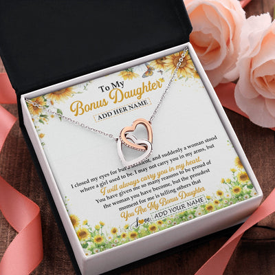 Interlocking Hearts Necklace Stainless Steel & Rose Gold Finish | 2 | Personalized To My Bonus Daughter Gifts Necklace From Stepmother I Closed My Eyes Sunflower Best Stepdaughter Birthday Gifts Christmas Gift Box Message Card | siriusteestore.myshopify