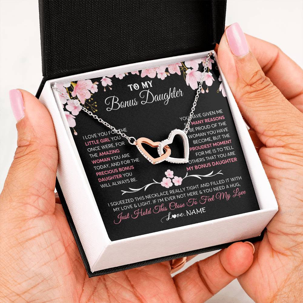 Interlocking Hearts Necklace Stainless Steel & Rose Gold Finish | 2 | Personalized To My Bonus Daughter Gifts Necklace From Stepmother Love Precious Bonus Daughter Birthday Graduation Christmas Customized Gift Box Message Card | siriusteestore
