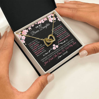 Interlocking Hearts Necklace 18K Yellow Gold Finish | 2 | Personalized To My Bonus Daughter Gifts Necklace From Stepmother Love Precious Bonus Daughter Birthday Graduation Christmas Customized Gift Box Message Card | siriusteestore