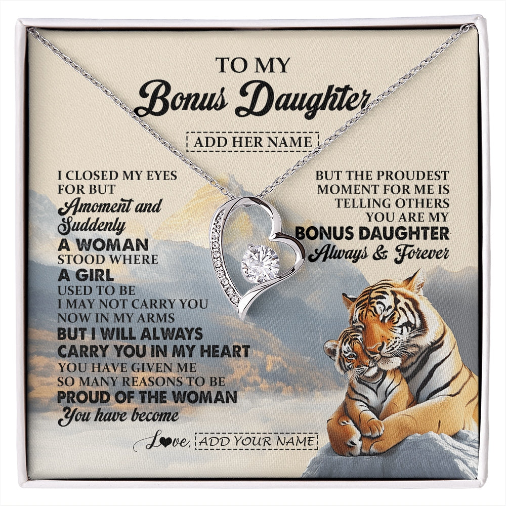 Forever Love Necklace 14K White Gold Finish | 1 | Personalized To My Bonus Daughter Gifts Necklace Tiger From Stepmother Stepfather You Are My Stepdaughter Birthday Gifts Christmas Custom Gift Box Message Card | https://siriusteestore.
