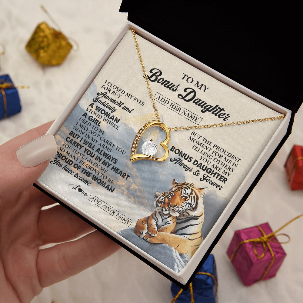 Forever Love Necklace 18K Yellow Gold Finish | 2 | Personalized To My Bonus Daughter Gifts Necklace Tiger From Stepmother Stepfather You Are My Stepdaughter Birthday Gifts Christmas Custom Gift Box Message Card | https://siriusteestore.