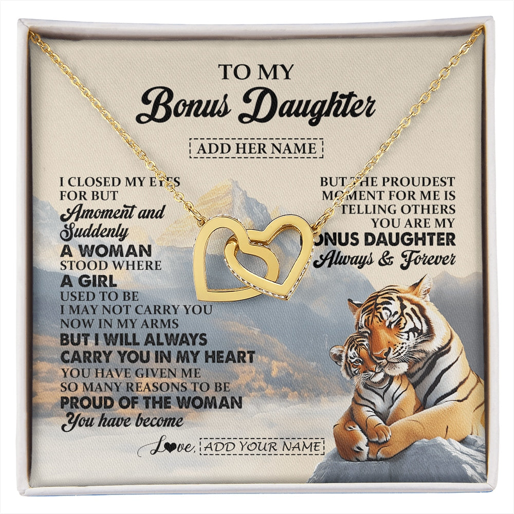 Interlocking Hearts Necklace 18K Yellow Gold Finish | 1 | Personalized To My Bonus Daughter Gifts Necklace Tiger From Stepmother Stepfather You Are My Stepdaughter Birthday Gifts Christmas Custom Gift Box Message Card | https://siriusteestore.