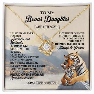 Love Knot Necklace 18K Yellow Gold Finish | 1 | Personalized To My Bonus Daughter Gifts Necklace Tiger From Stepmother Stepfather You Are My Stepdaughter Birthday Gifts Christmas Custom Gift Box Message Card | https://siriusteestore.