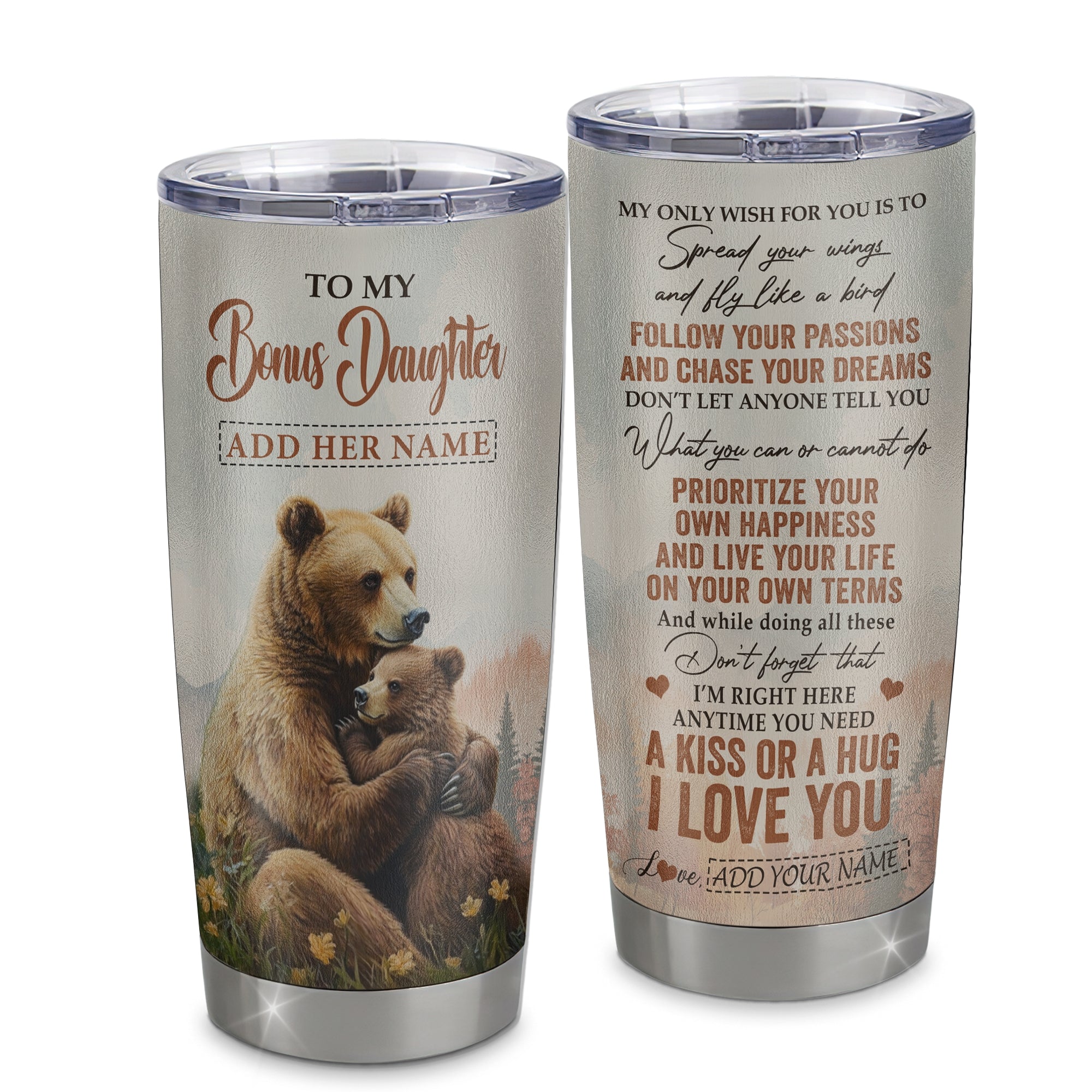 Personalized To My Bonus Daughter Gifts Tumbler From Stepmom Stepdad Bear My Only Wish For You Stepdaughter Birthday Gifts Graduation Christmas Stainless Steel Mug | siriusteestore