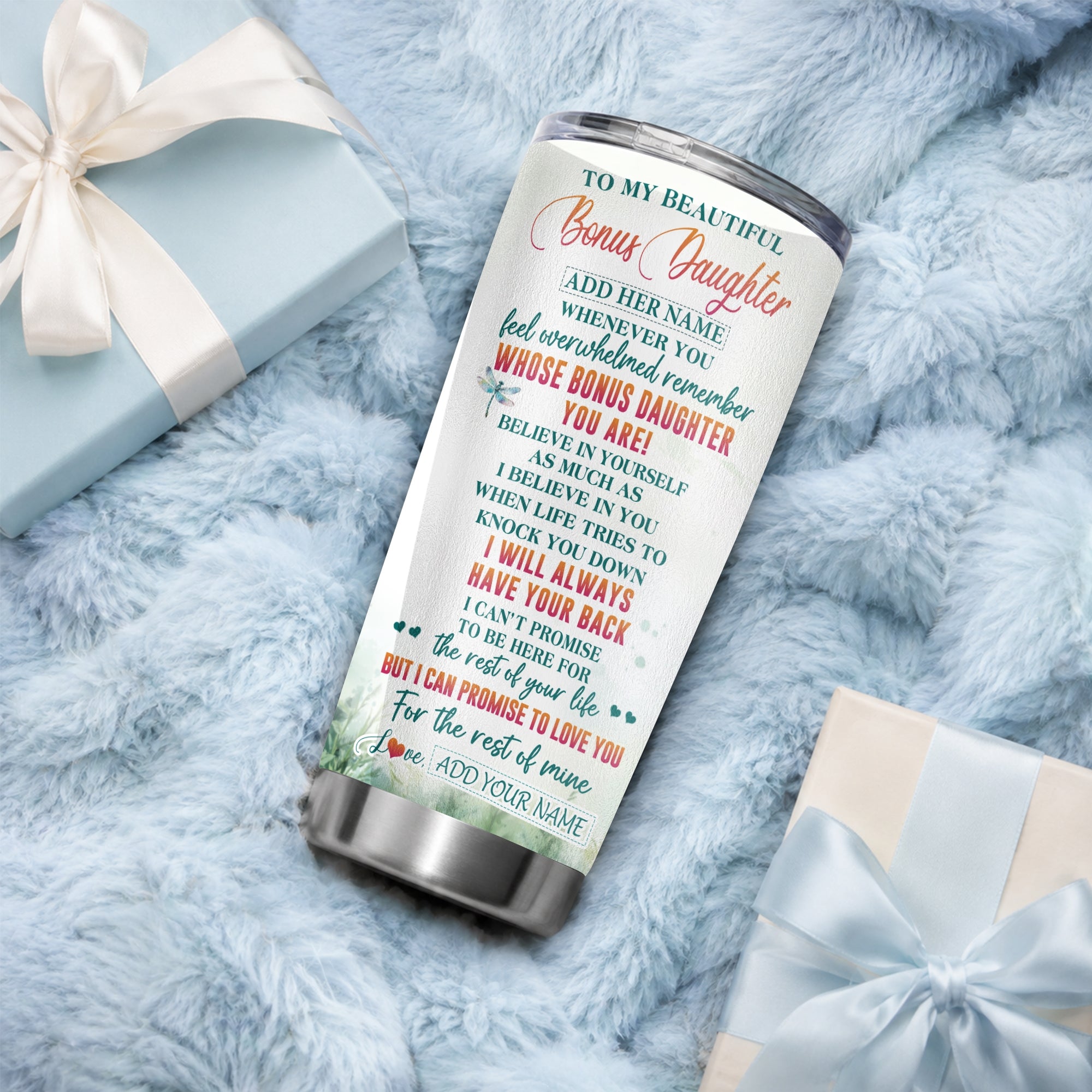 Personalized To My Bonus Daughter Gifts Tumbler From Stepmom Stepdad Whenever You Feel Dragonfly Stepdaughter Birthday Gifts Christmas Custom Stainless Steel Travel Mug | siriusteestore