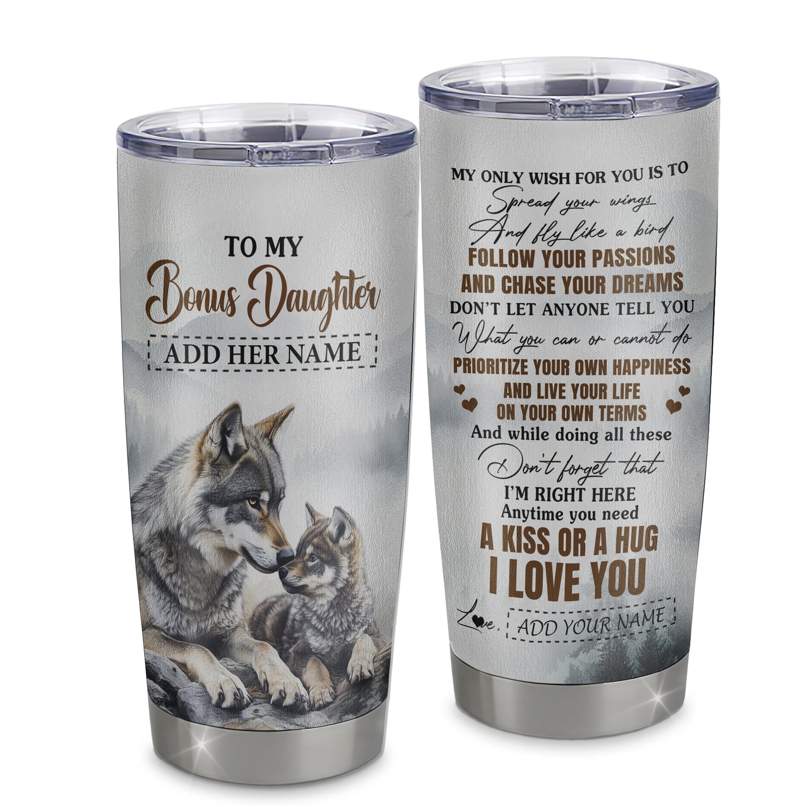 Personalized To My Bonus Daughter Gifts Tumbler From Stepmom Wolf My Only Wish For You Stepdaughter Birthday Gifts Graduation Christmas Custom Stainless Steel Mug | siriusteestore