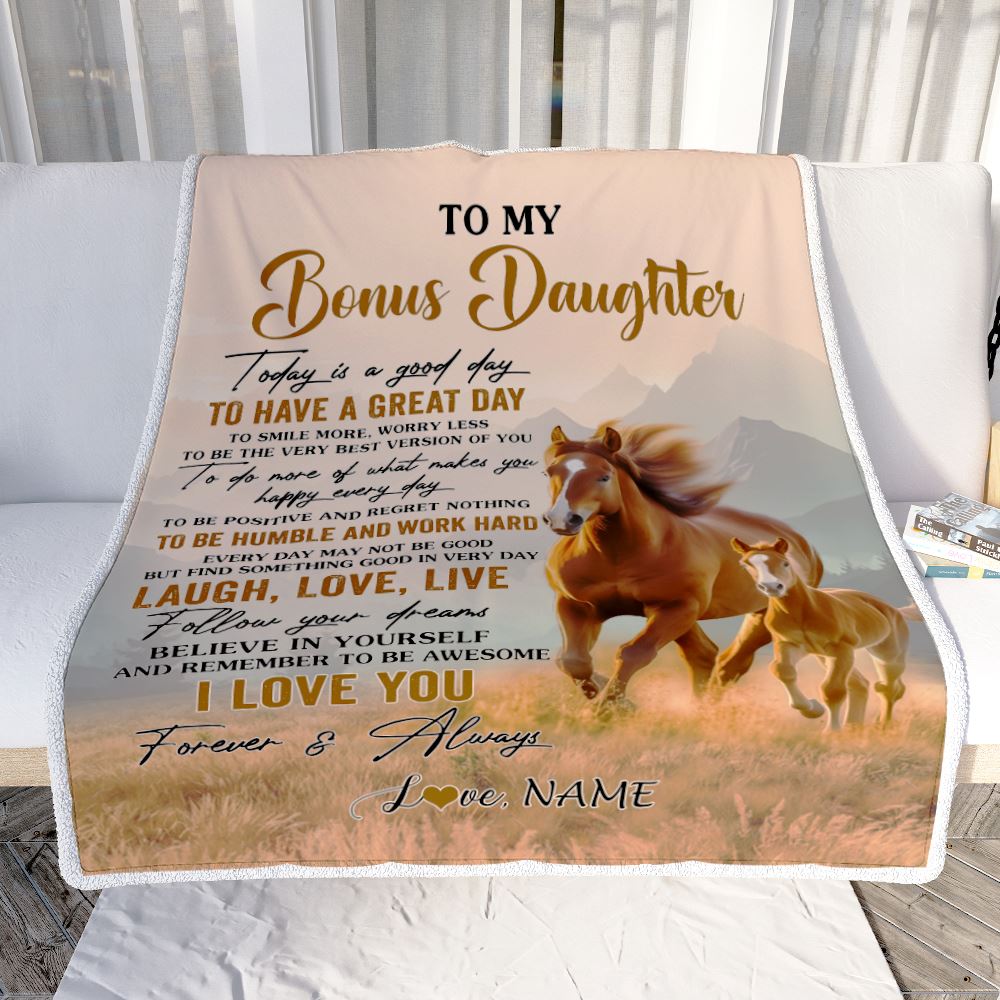 Personalized To My Bonus Daughter Horse Blanket From Stepmom Stepdad Every Day Laugh Love Live Stepdaughter Birthday Gifts Christmas Customized Fleece Blanket | siriusteestore