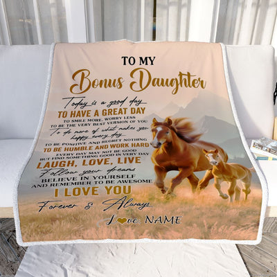 Personalized To My Bonus Daughter Horse Blanket From Stepmom Stepdad Every Day Laugh Love Live Stepdaughter Birthday Gifts Christmas Customized Fleece Blanket | siriusteestore