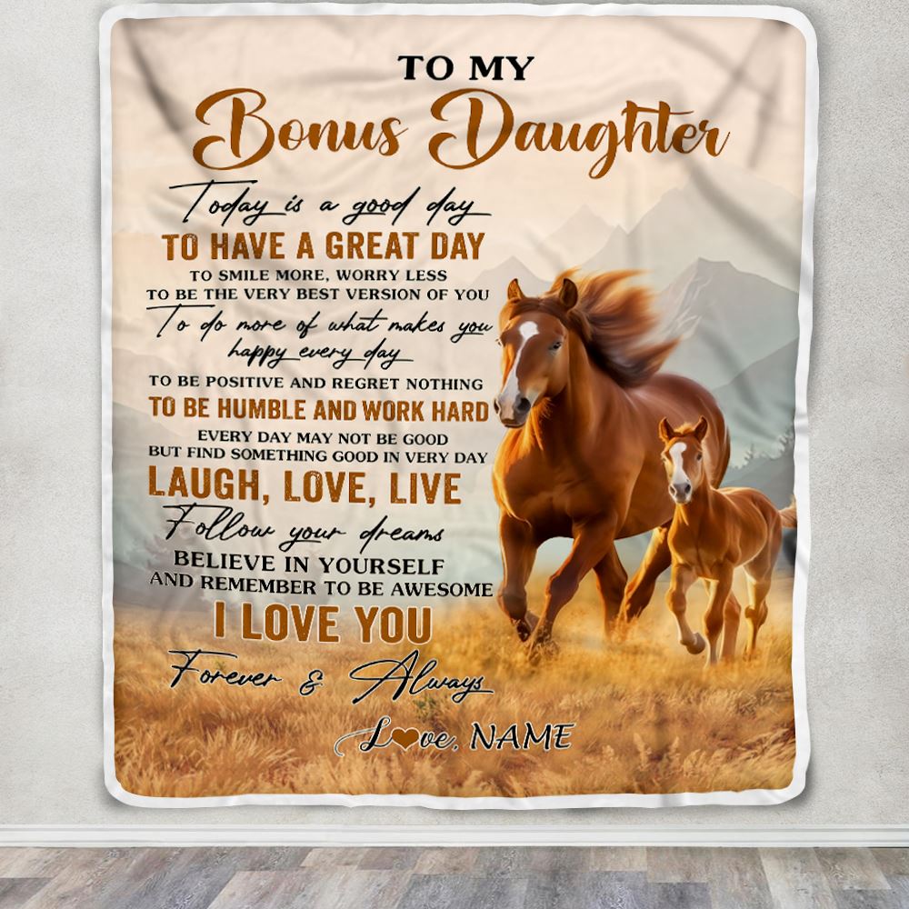 Personalized To My Bonus Daughter Horse Blanket From Stepmom Stepdad Every Day Laugh Love Live Stepdaughter Birthday Gifts Christmas Customized Fleece Blanket | siriusteestore