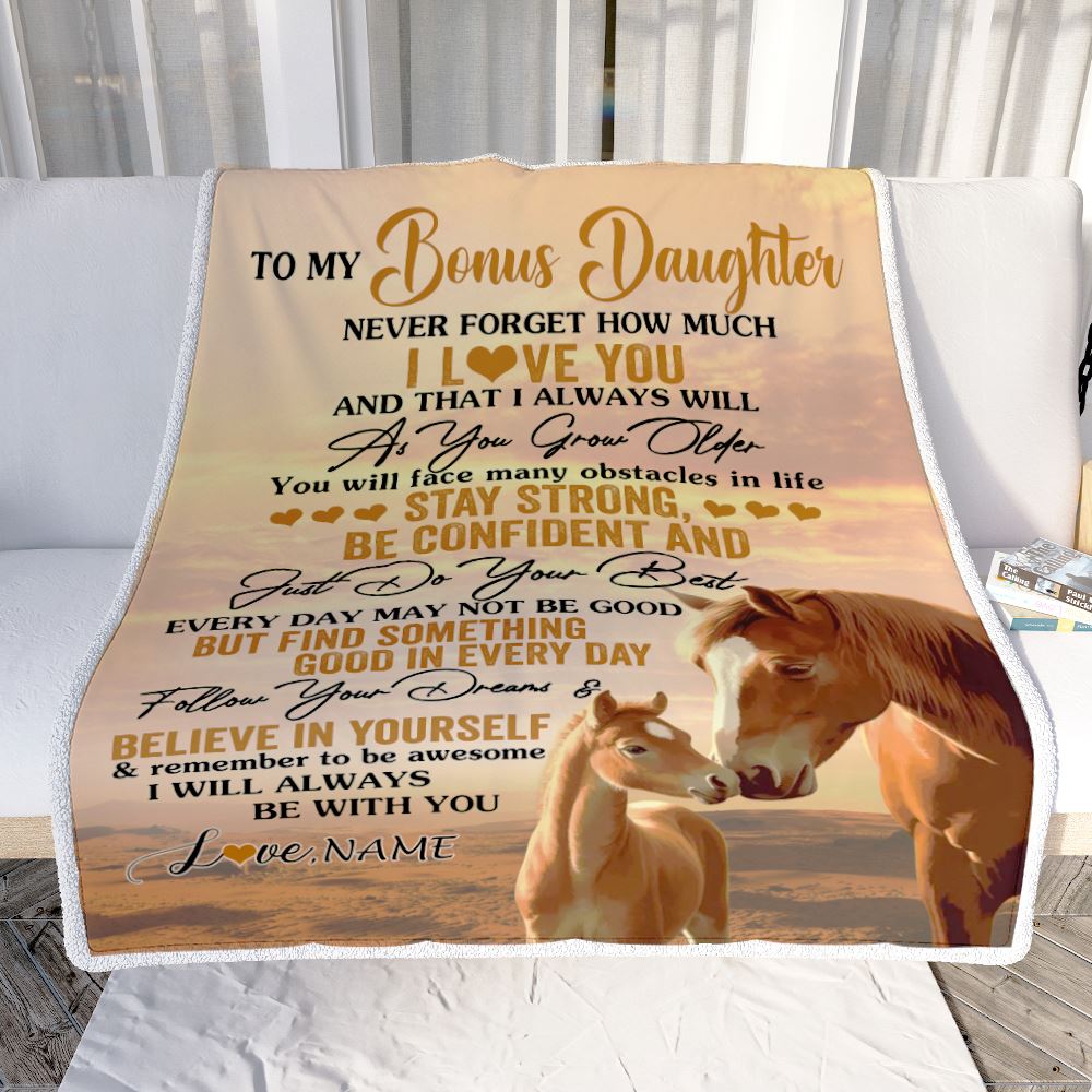 Personalized To My Bonus Daughter I Love You Forever Blanket From Step Mom Dad Horse Stepdaughter Birthday Gifts Graduation Christmas Customized Fleece Blanket | siriusteestore