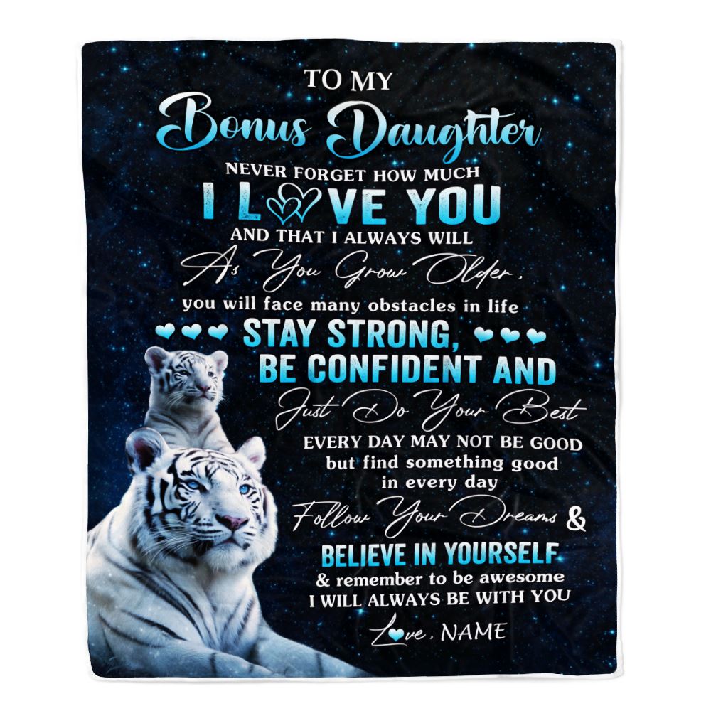 Personalized To My Bonus Daughter I Love You Forever Blanket From Step Mom Dad White Tiger Stepdaughter Birthday Gifts Graduation Christmas Fleece Blanket | siriusteestore