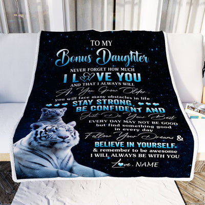 Personalized To My Bonus Daughter I Love You Forever Blanket From Step Mom Dad White Tiger Stepdaughter Birthday Gifts Graduation Christmas Fleece Blanket | siriusteestore
